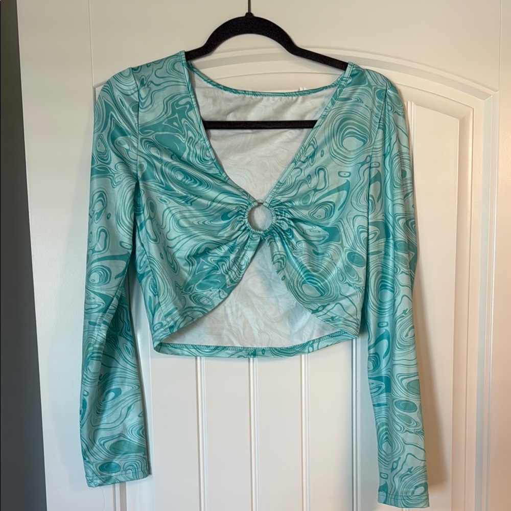 SHEIN Green Crop Tie Front Blouse